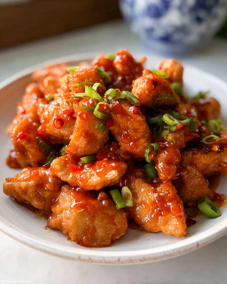 Sweet Chili Chicken Crispy Easy 30 Minute Dinner Miracle 5 Close-up of crispy Sweet Chili Chicken pieces coated in a glossy sauce, garnished with green onions and chili flakes.