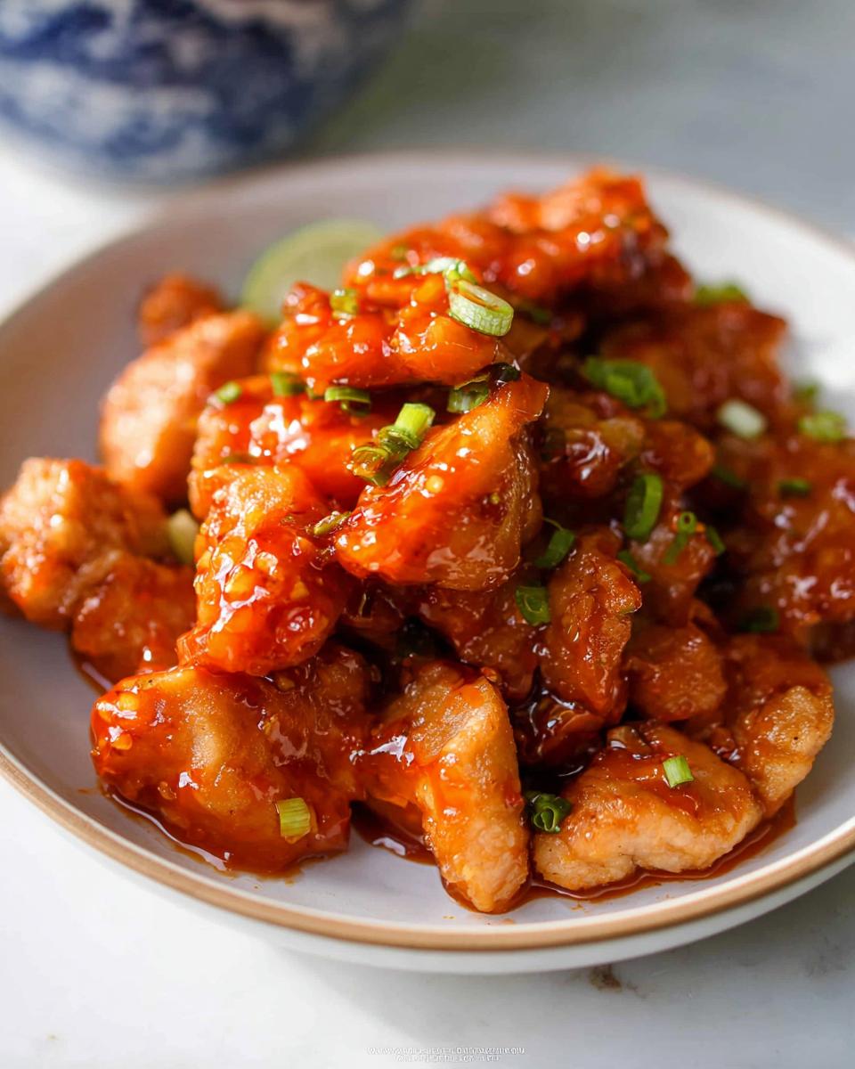 Sweet Chili Chicken Crispy Easy 30 Minute Dinner Miracle 4 Close-up of crispy Sweet Chili Chicken bites coated in a glossy sauce, garnished with green onions.