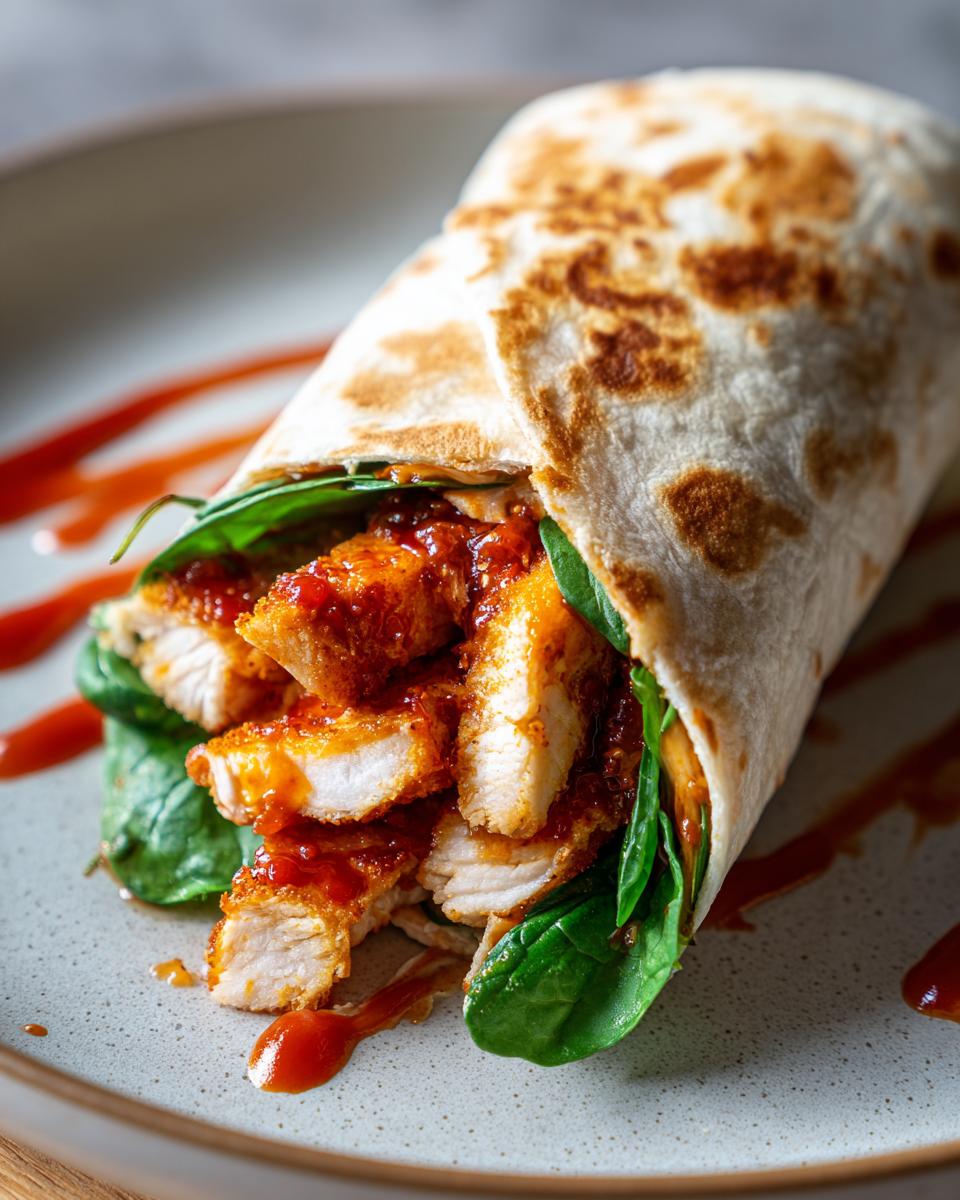 35-Minute Sweet and Spicy Chicken Wrap Recipe 4 A close-up of a Sweet and Spicy Chicken Wrap filled with crispy chicken, spinach, and drizzled with sauce.