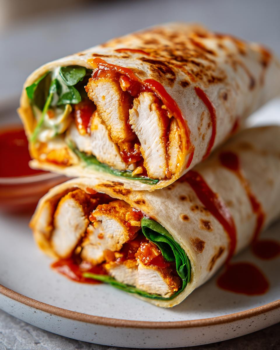 35-Minute Sweet and Spicy Chicken Wrap Recipe 5 Close-up of a delicious Sweet and Spicy Chicken Wrap Recipe, showing crispy chicken pieces and sauce.