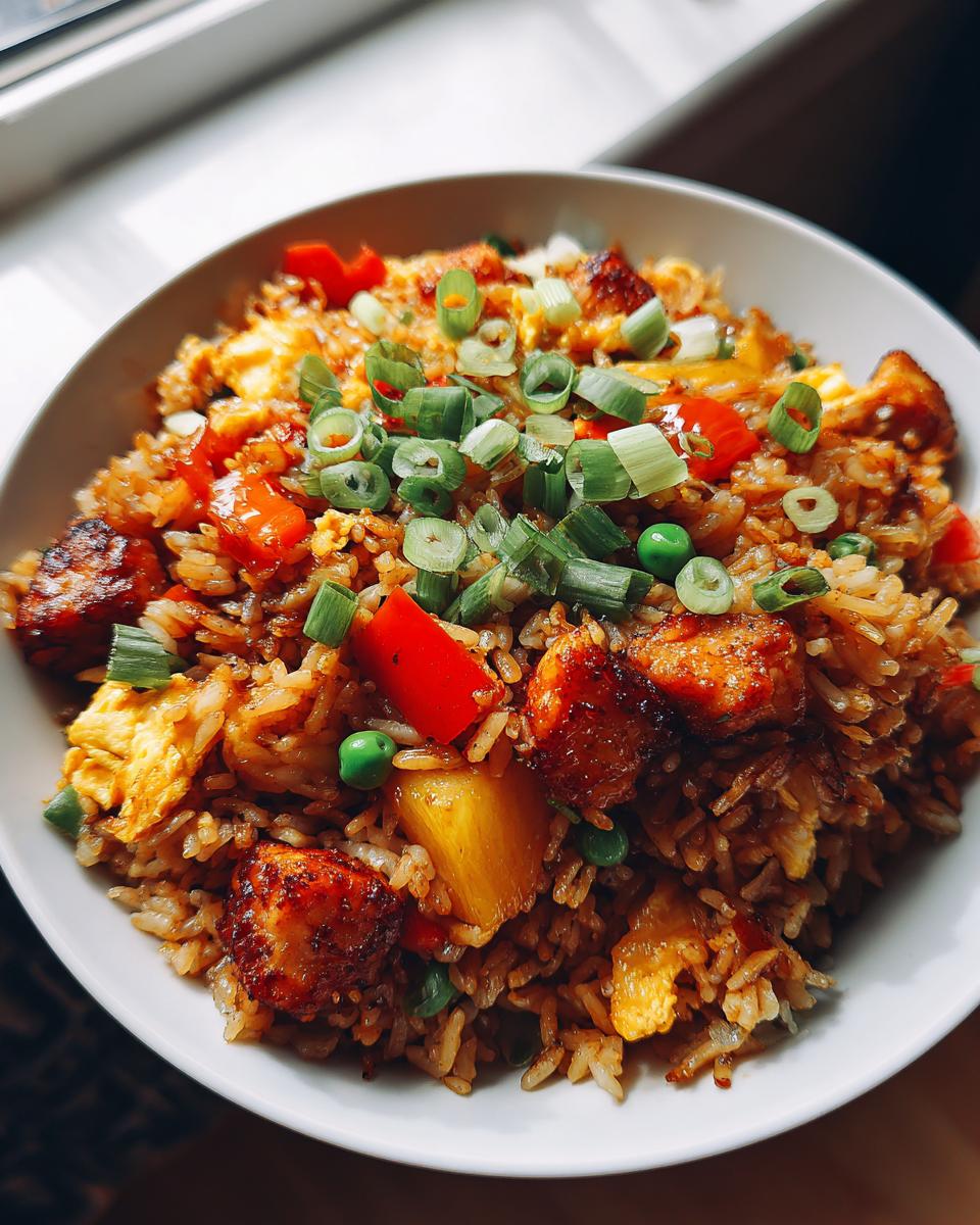 Amazing Teriyaki Chicken Pineapple Fried Rice (35 min) 5 A close-up of a bowl of Teriyaki Chicken Pineapple Fried Rice, garnished with green onions.