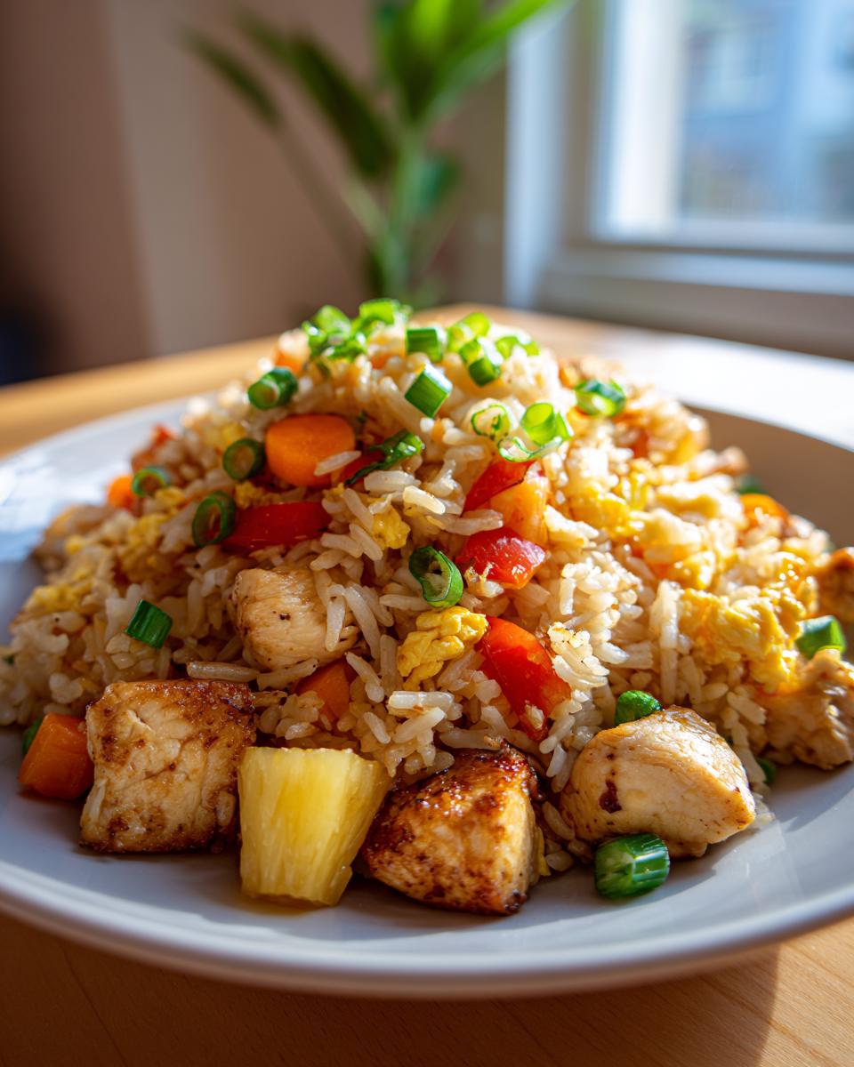 Amazing Teriyaki Chicken Pineapple Fried Rice (35 min) 4 A close-up of Teriyaki Chicken Pineapple Fried Rice, featuring chunks of chicken, pineapple, scrambled eggs, and vegetables, garnished with green onions.
