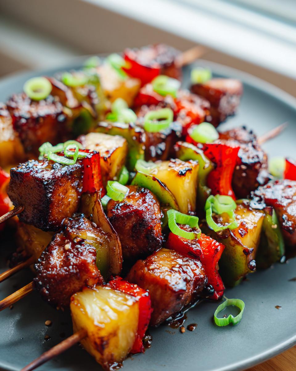 Amazing Teriyaki Pineapple Chicken Skewers 15 Min 4 Close-up of glazed teriyaki pineapple chicken skewers with red and green bell peppers, garnished with green onions.