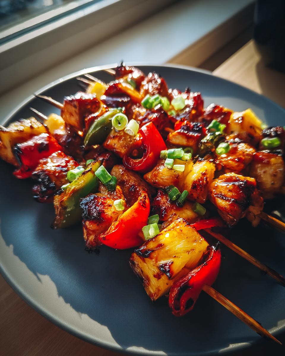 Amazing Teriyaki Pineapple Chicken Skewers 15 Min 5 Close-up of delicious teriyaki pineapple chicken skewers with red bell peppers and green onions on a dark plate.