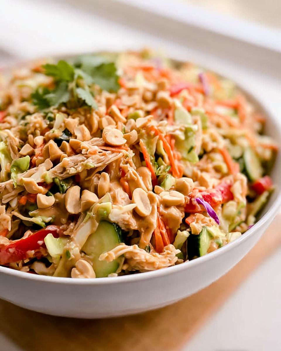 27g Protein Thai Peanut Chicken Crunch Slaw Salad 4 A bowl of Thai Peanut Chicken Crunch Slaw Salad with shredded chicken, vegetables, peanuts, and a creamy peanut dressing.