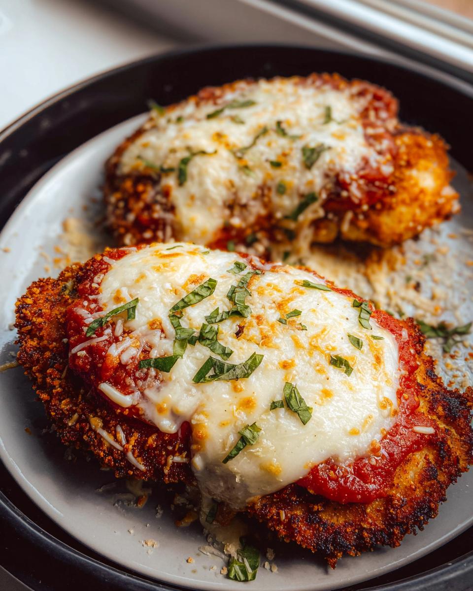 Amazing 35-Min Air Fryer Chicken Parmesan 5 Close-up of two golden-brown Air Fryer Chicken Parmesan fillets topped with melted mozzarella cheese and marinara sauce, garnished with fresh basil.