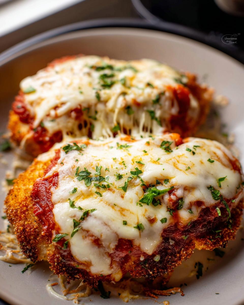 Amazing 35-Min Air Fryer Chicken Parmesan 4 Two breaded chicken cutlets topped with marinara sauce and melted mozzarella cheese, garnished with parsley. Air Fryer Chicken Parmesan.
