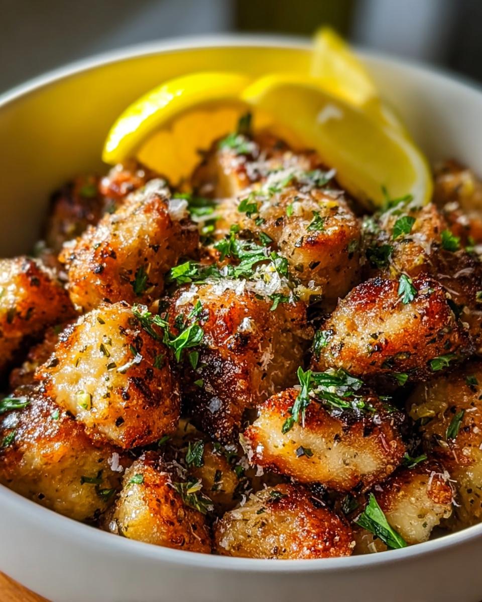 Amazing 30-Min Air Fryer Lemon Chicken Bites 5 Close-up of golden brown Air Fryer Lemon Chicken Bites seasoned with herbs and topped with lemon wedges.