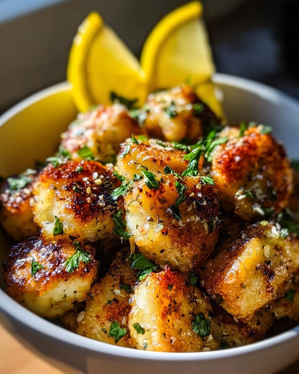 Amazing 30-Min Air Fryer Lemon Chicken Bites 4 Close-up of golden brown Air Fryer Lemon Chicken Bites seasoned with herbs and garnished with lemon slices.