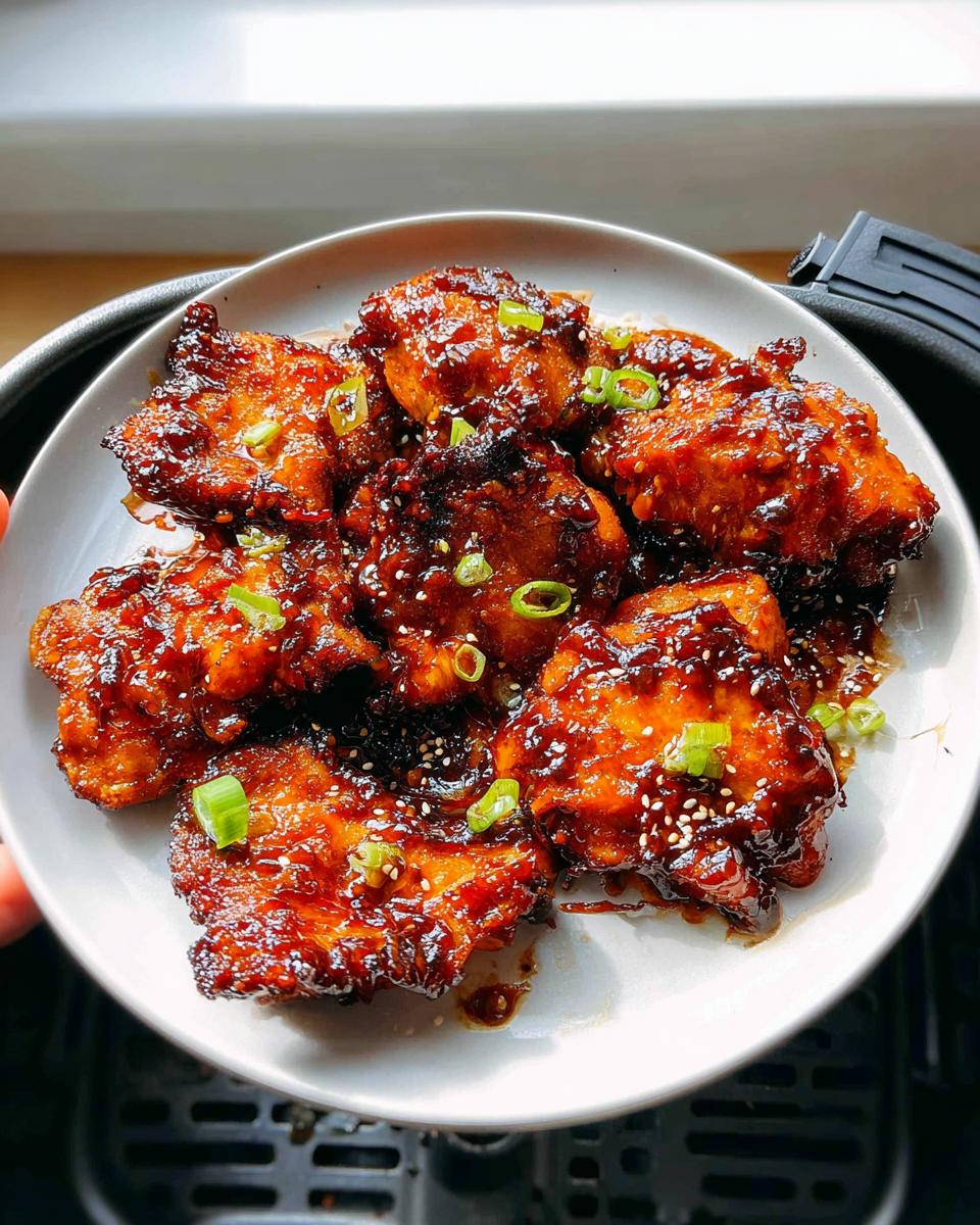 Amazing 30-Min Air Fryer Teriyaki Chicken 5 A plate of glistening Air Fryer Teriyaki Chicken pieces, coated in a rich homemade sauce and garnished with green onions and sesame seeds.