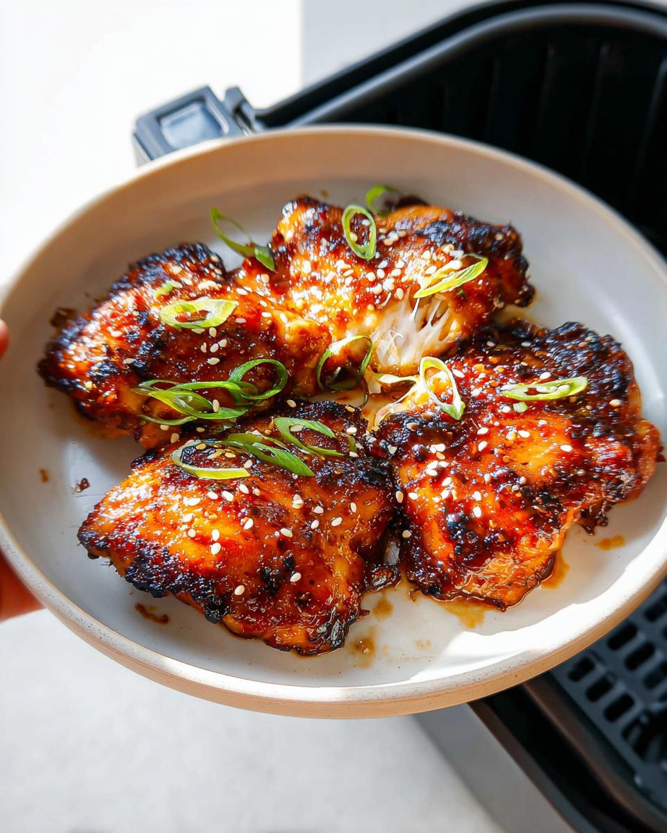 Amazing 30-Min Air Fryer Teriyaki Chicken 4 A plate of glistening Air Fryer Teriyaki Chicken pieces, garnished with sesame seeds and green onions.