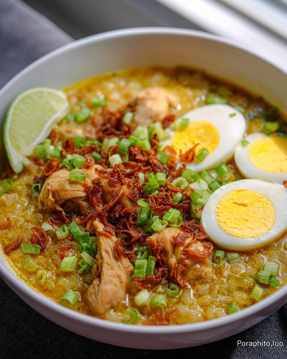 Amazing Arroz Caldo Filipino Chicken Rice Soup 5 A close-up bowl of Arroz Caldo Filipino Chicken Rice Soup topped with shredded chicken, hard-boiled eggs, fried shallots, and green onions.