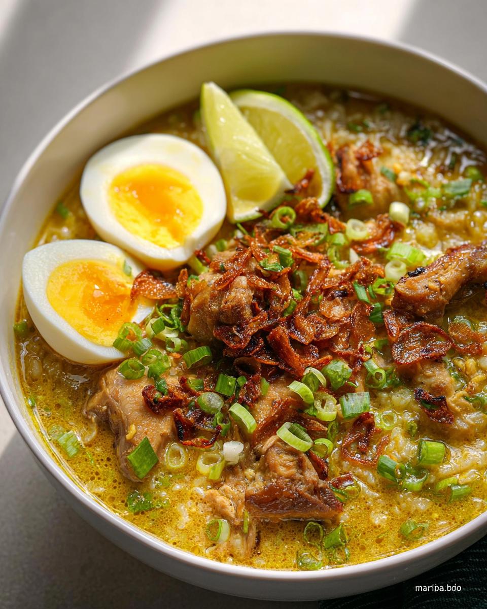 Amazing Arroz Caldo Filipino Chicken Rice Soup 4 Close-up of a bowl of Arroz Caldo Filipino Chicken Rice Soup topped with sliced hard-boiled eggs, fried shallots, and green onions.