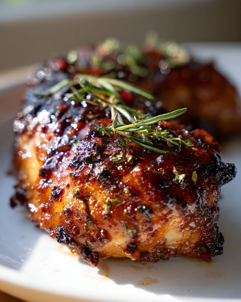 Amazing Baked Brown Sugar Chicken Breast Recipe 4 Close-up of a glistening baked brown sugar chicken breast, garnished with fresh rosemary and thyme.