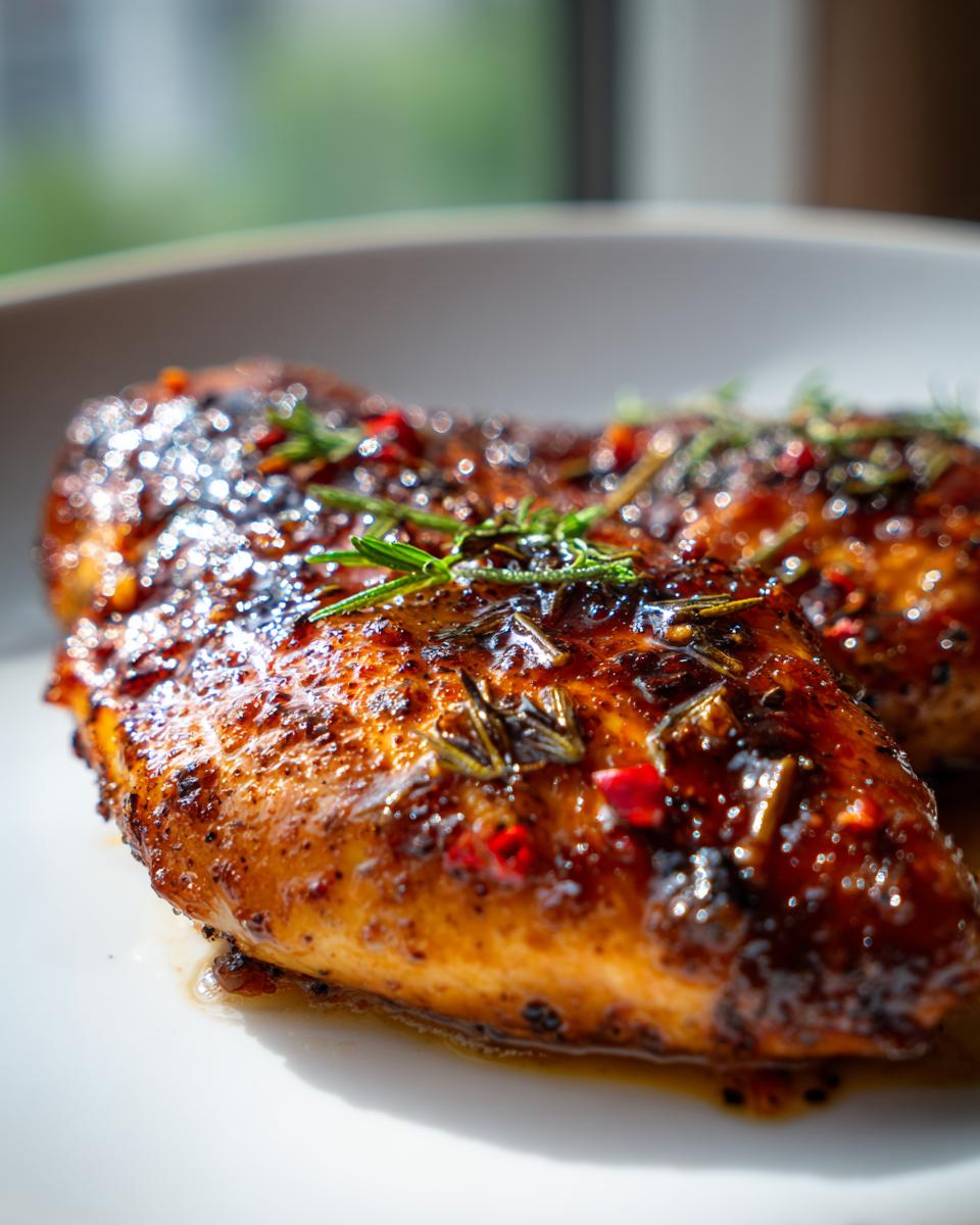 Amazing Baked Brown Sugar Chicken Breast Recipe 5 Close-up of juicy baked brown sugar chicken breast with rosemary and red pepper flakes.