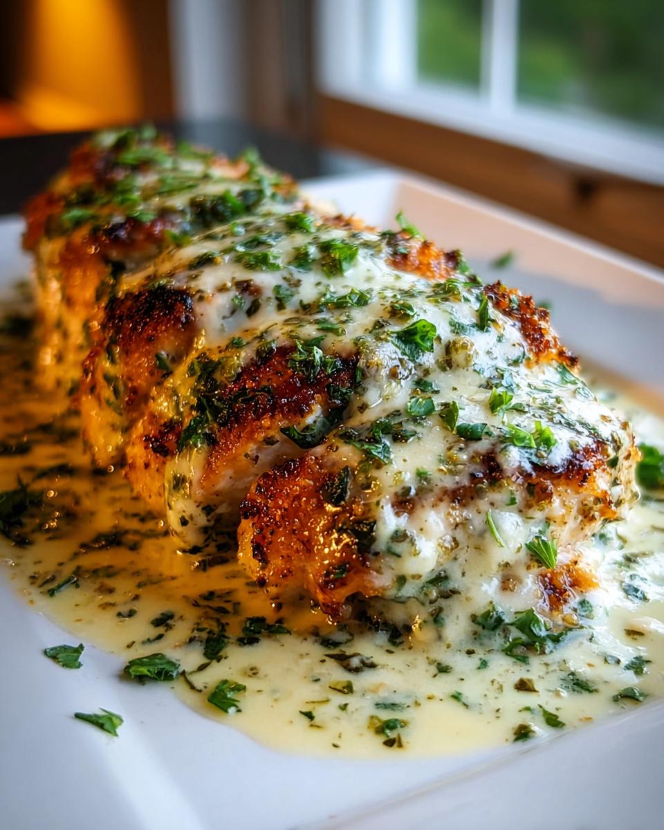 Amazing Baked Caesar Chicken in 30 Mins 4 A close-up of baked Caesar chicken breasts generously topped with a creamy Parmesan sauce and fresh parsley.
