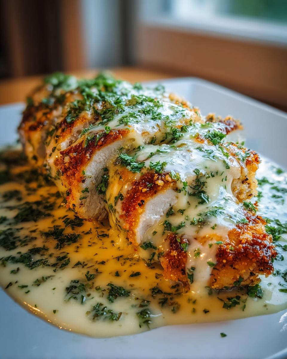 Amazing Baked Caesar Chicken in 30 Mins 5 Close-up of sliced Baked Caesar Chicken with Parmesan Cream Sauce, topped with fresh parsley.