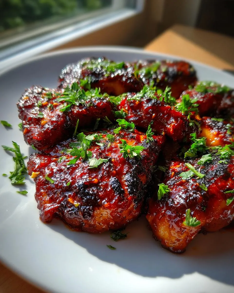 Blackstone BBQ Chicken: 1 Amazing Smoky Flavor 4 Close-up of Blackstone BBQ Chicken pieces glazed with a smoky sauce and sprinkled with fresh parsley.