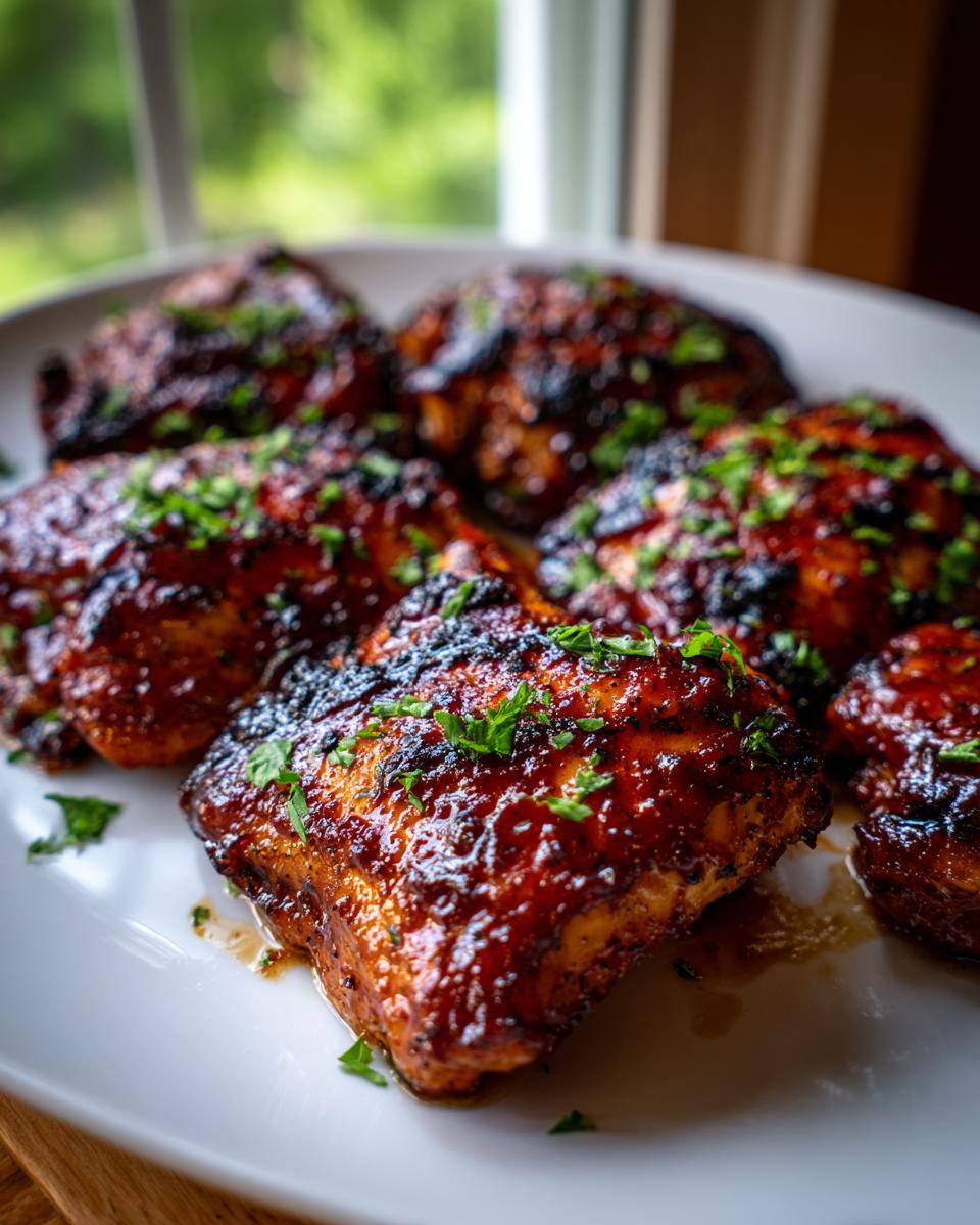 Blackstone BBQ Chicken: 1 Amazing Smoky Flavor 5 Close-up of juicy Blackstone BBQ chicken thighs, glazed with smoky sauce and sprinkled with fresh parsley.