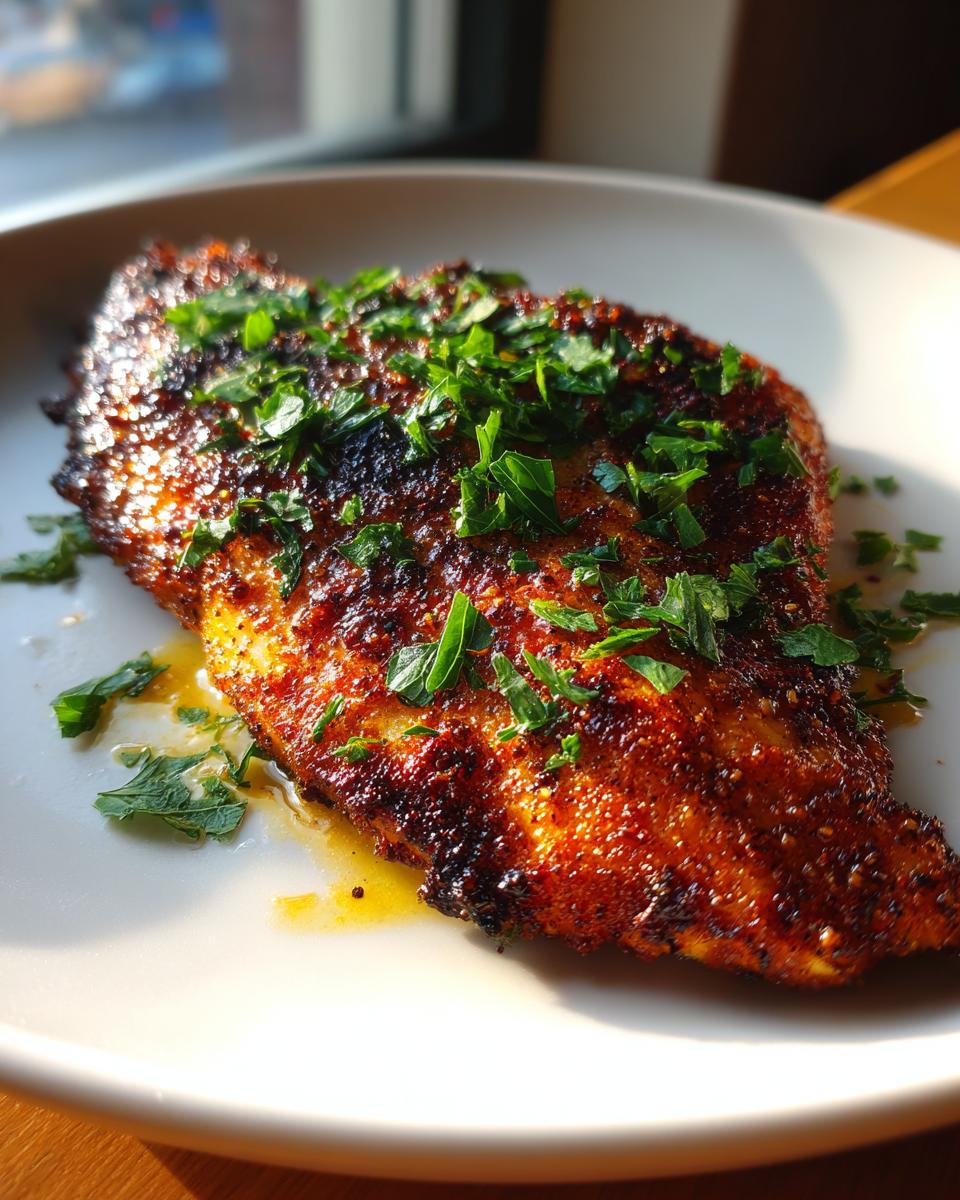 Amazing Blackstone Chicken Breast With Smoky Seasoning 4 A close-up of perfectly cooked Blackstone chicken breast with smoky seasoning and fresh parsley.