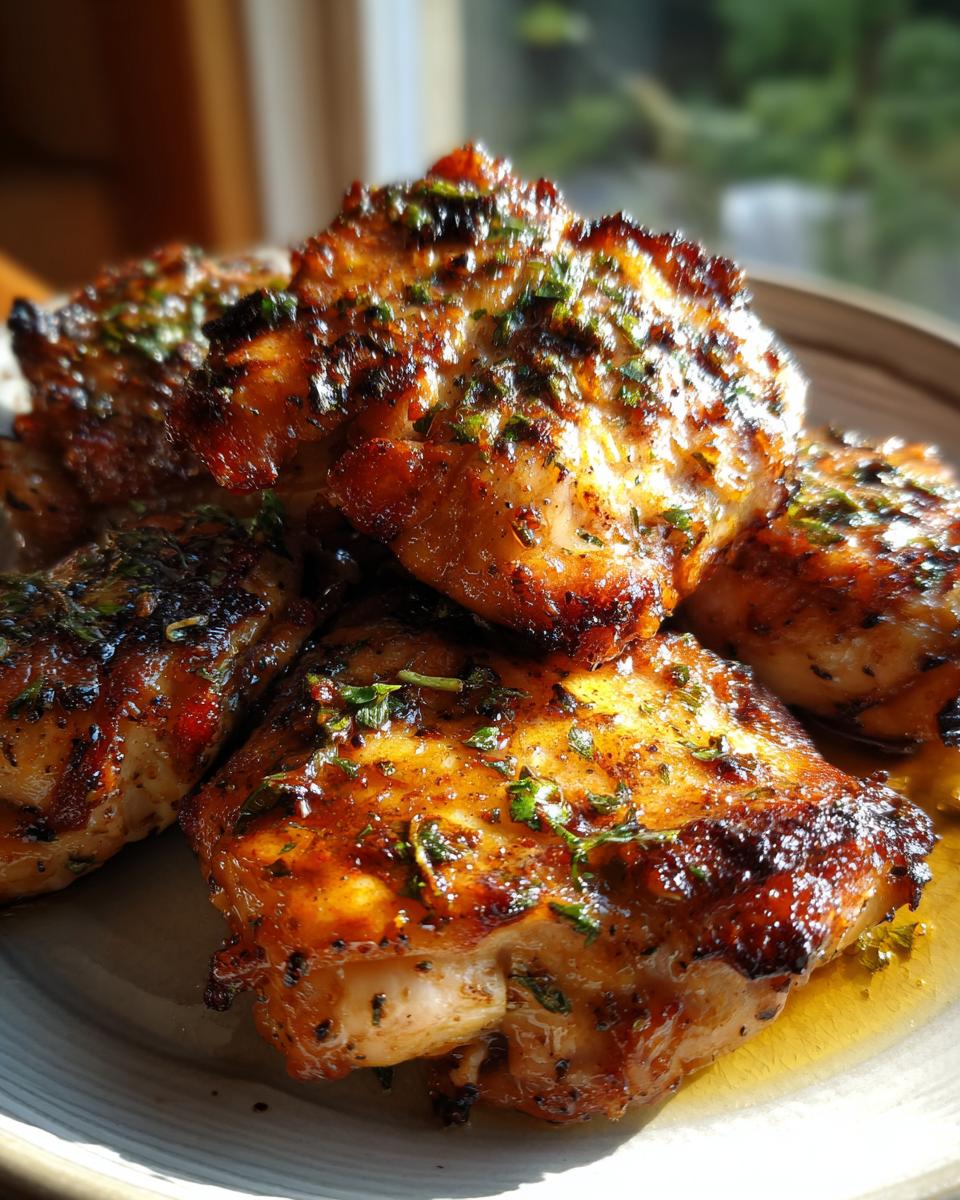 Amazing Blackstone Chicken Thighs: 5-Star Flavor 4 Close-up of juicy Blackstone Chicken Thighs With Garlic Butter, seasoned with herbs and glistening.