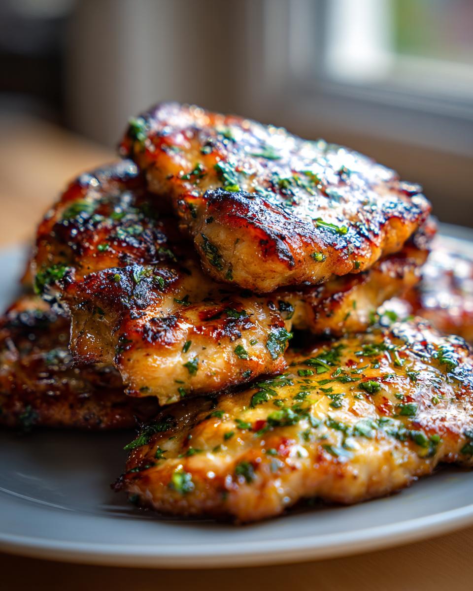 Amazing Blackstone Chicken Thighs: 5-Star Flavor 5 A close-up view of juicy Blackstone Chicken Thighs With Garlic Butter, garnished with fresh herbs.