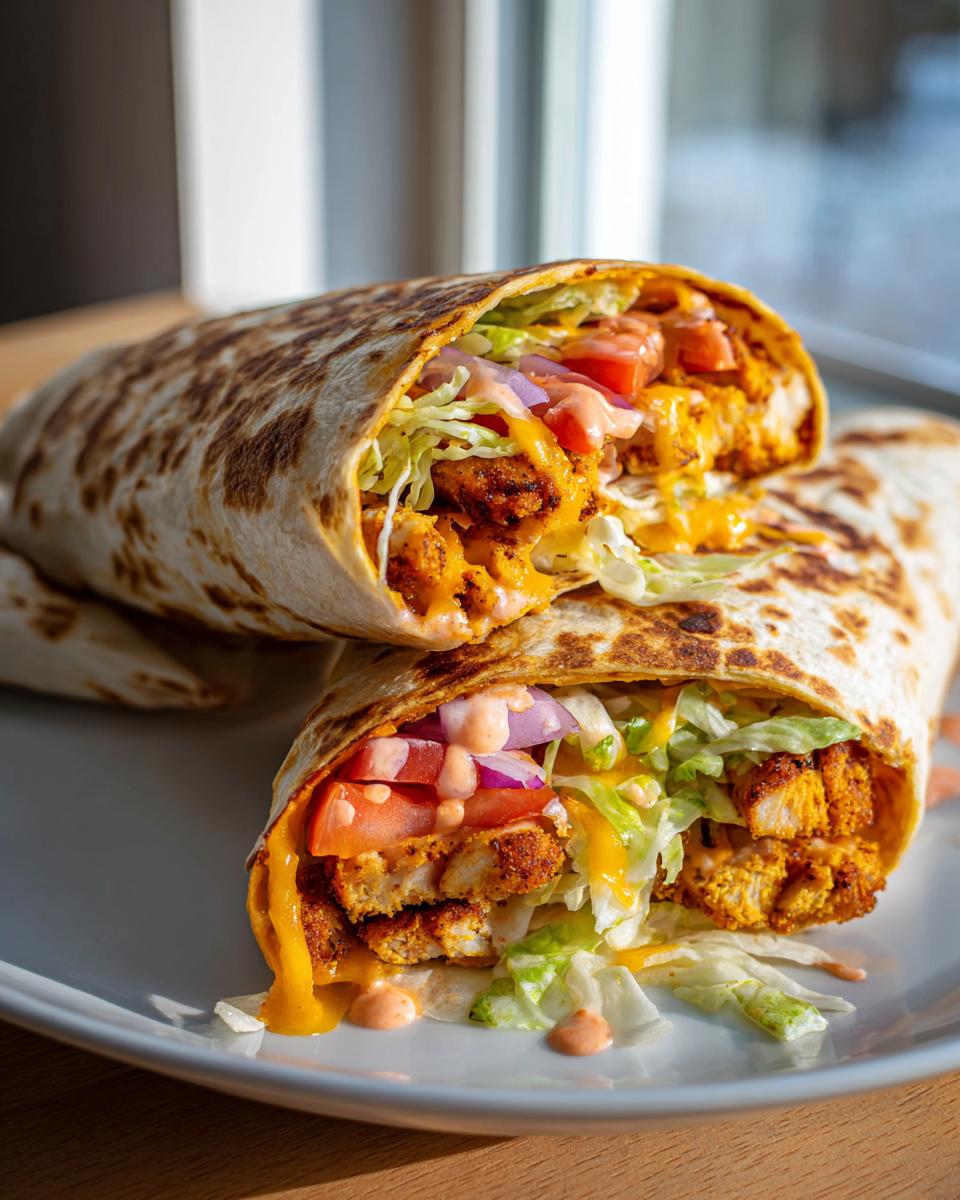 Blackstone Crispy Chicken Wraps: 30 Min Flavor Bomb 5 Two halves of a Blackstone Crispy Chicken Wrap filled with crispy chicken, lettuce, tomatoes, onions, and sauce.