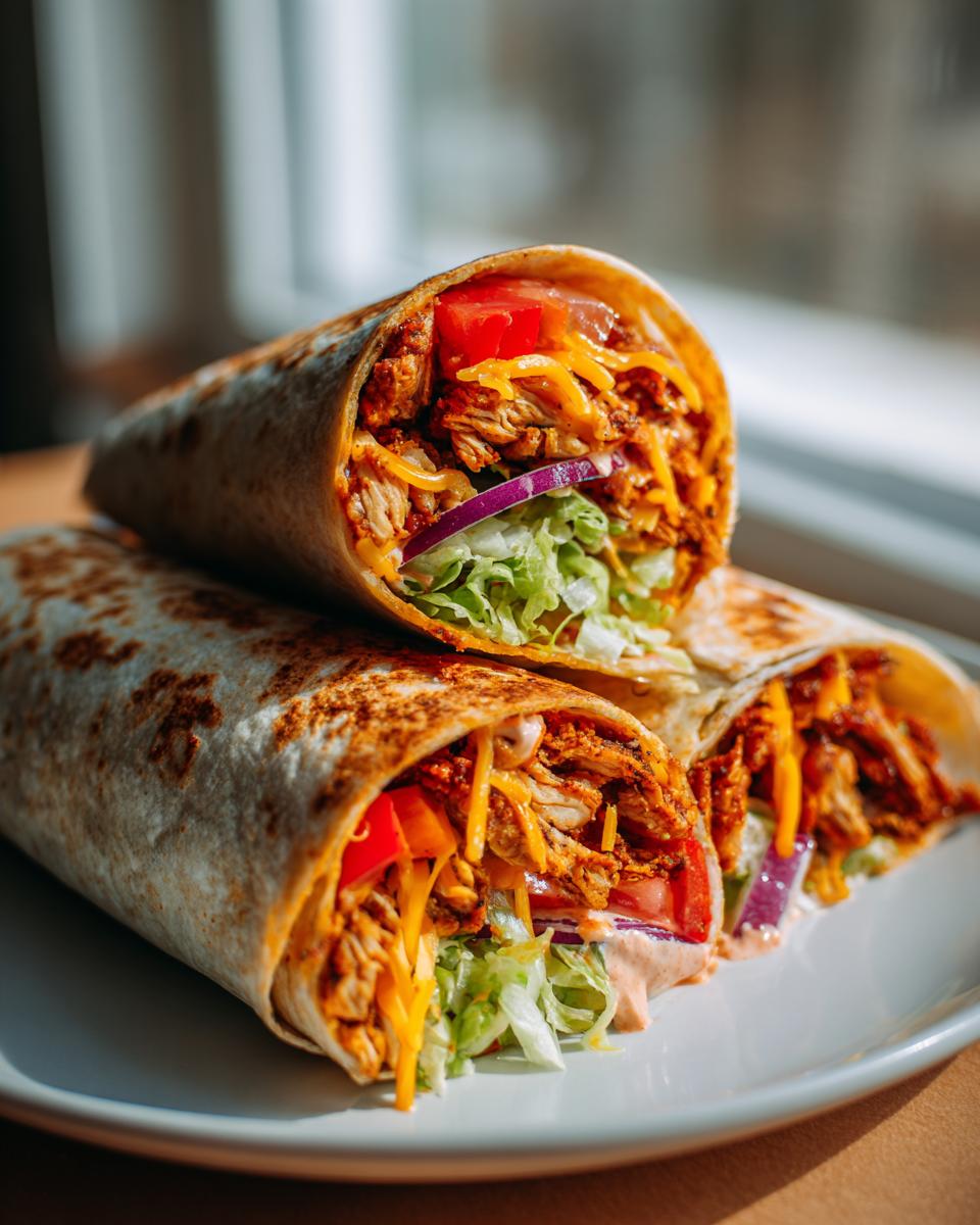 Blackstone Crispy Chicken Wraps: 30 Min Flavor Bomb 4 Three Blackstone Crispy Chicken Wraps filled with shredded chicken, lettuce, tomato, red onion, and cheese.