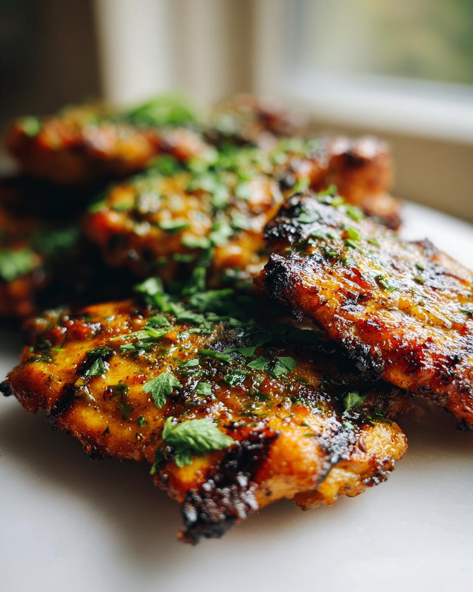 Amazing Blackstone Garlic Parmesan Chicken in 30 Min 5 Close-up of juicy Blackstone Garlic Parmesan Chicken, grilled to perfection and sprinkled with fresh parsley.