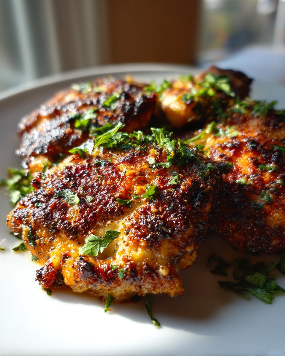 Amazing Blackstone Garlic Parmesan Chicken in 30 Min 4 Close-up of perfectly cooked Blackstone Garlic Parmesan Chicken, seasoned and garnished with fresh parsley.