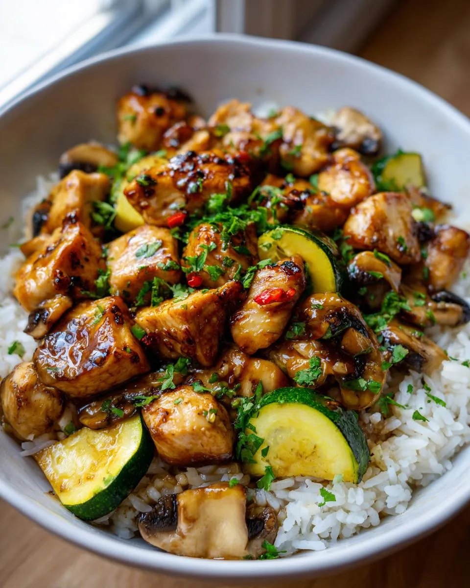 Amazing Blackstone Hibachi Chicken: 5 Star Flavor 5 A close-up shot of Blackstone Hibachi Chicken With Yum Yum Sauce served over white rice with zucchini and mushrooms.