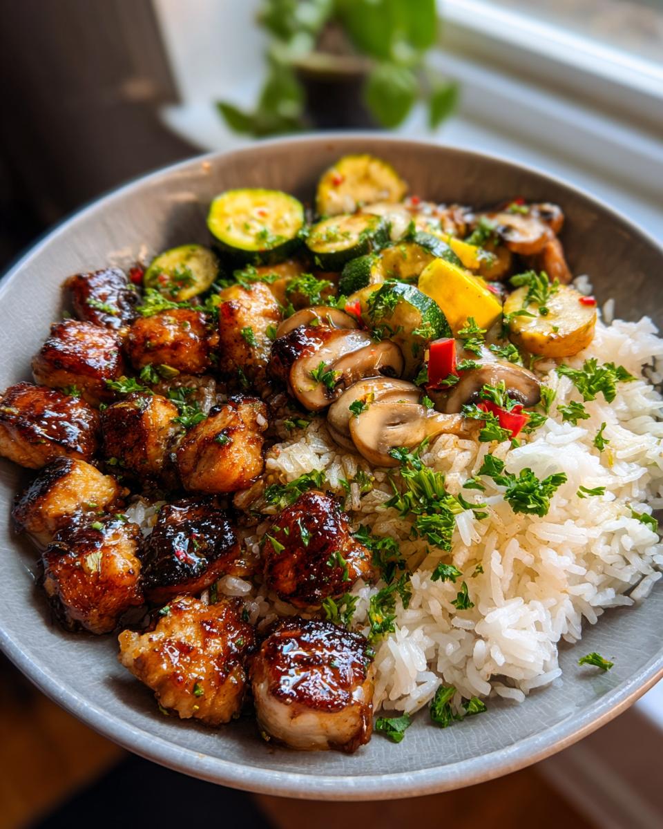 Amazing Blackstone Hibachi Chicken: 5 Star Flavor 4 A bowl of Blackstone Hibachi Chicken with Yum Yum Sauce, served with rice and stir-fried vegetables like zucchini and mushrooms.