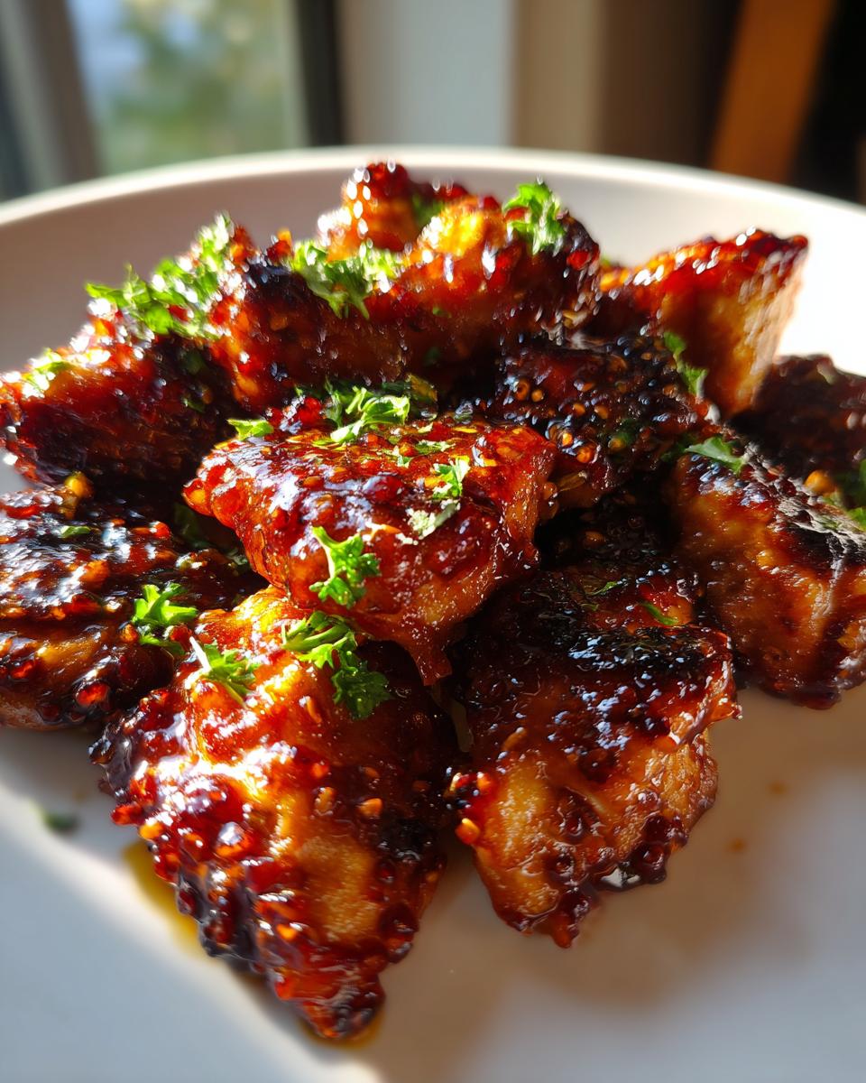 Amazing Blackstone Honey Garlic Chicken Bites Recipe 5 A close-up of glistening Blackstone Honey Garlic Chicken Bites, garnished with fresh parsley.