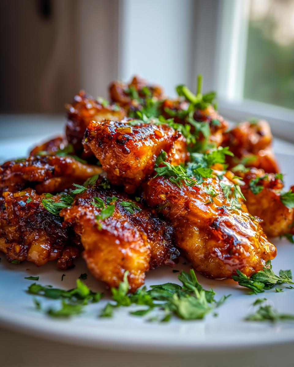 Amazing Blackstone Honey Garlic Chicken Bites Recipe 4 A close-up of glistening Blackstone Honey Garlic Chicken Bites, generously garnished with fresh parsley.
