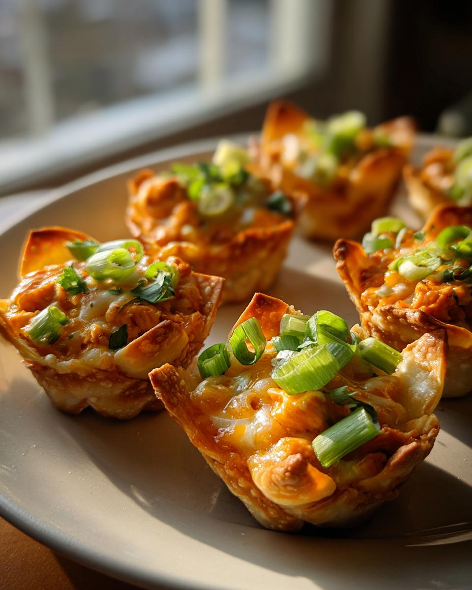 Amazing Buffalo Chicken Wonton Cups Recipe 4 Close-up of delicious Buffalo Chicken Wonton Cups topped with melted cheese and fresh green onions.