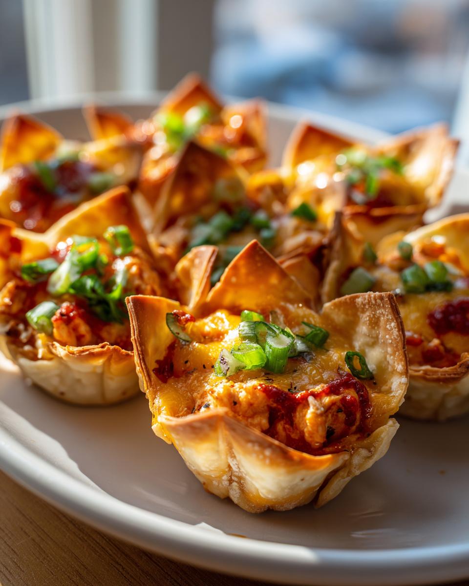 Amazing Buffalo Chicken Wonton Cups Recipe 5 Close-up of baked Buffalo Chicken Wonton Cups topped with melted cheese and green onions.
