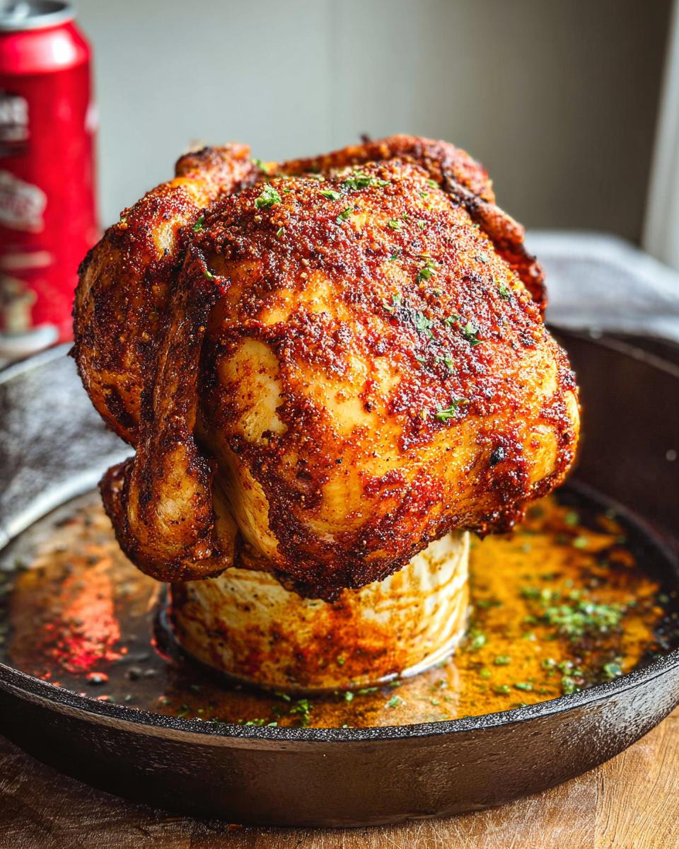 Amazing Cajun Can Chicken, 1 Hour Cook 4 A whole Cajun Can Chicken with Garlic Herb Rub, roasted to a golden brown, sitting upright in a cast iron skillet.