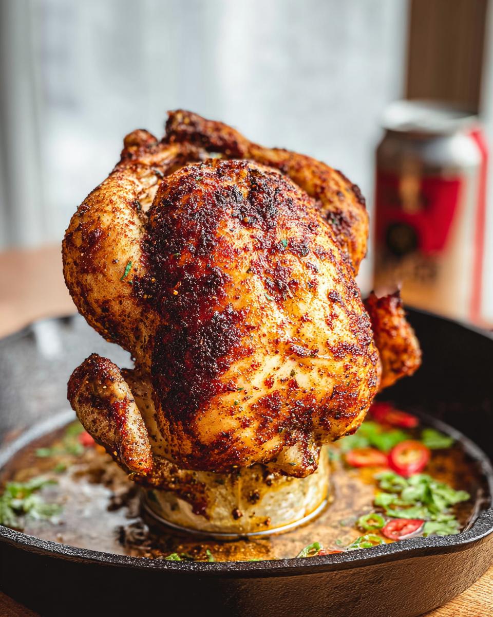 Amazing Cajun Can Chicken, 1 Hour Cook 5 A perfectly roasted Cajun Can Chicken with Garlic Herb Rub, standing upright on a can in a cast iron skillet with chili slices and herbs.
