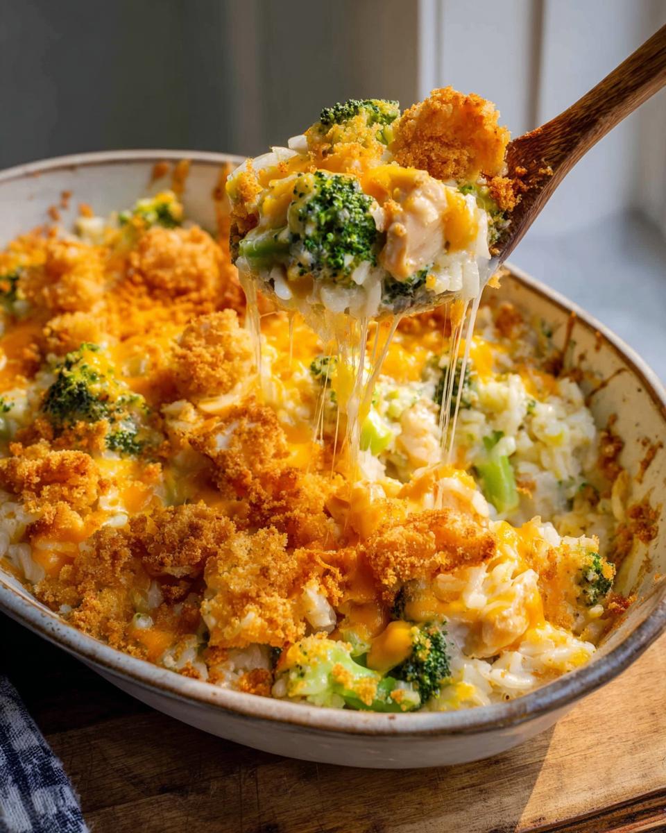 Amazing Cheesy Chicken Broccoli Rice Casserole Bake 4 A spoonful of Cheesy Chicken Broccoli Rice Casserole Bake being lifted, showing melted cheese strings and a crispy topping.