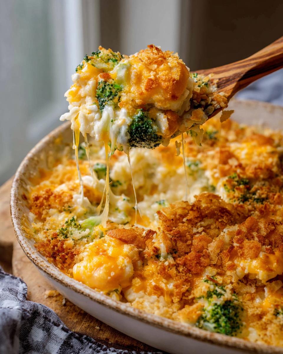 Amazing Cheesy Chicken Broccoli Rice Casserole Bake 5 A spoonful of Cheesy Chicken Broccoli Rice Casserole Bake with melted cheese strings.