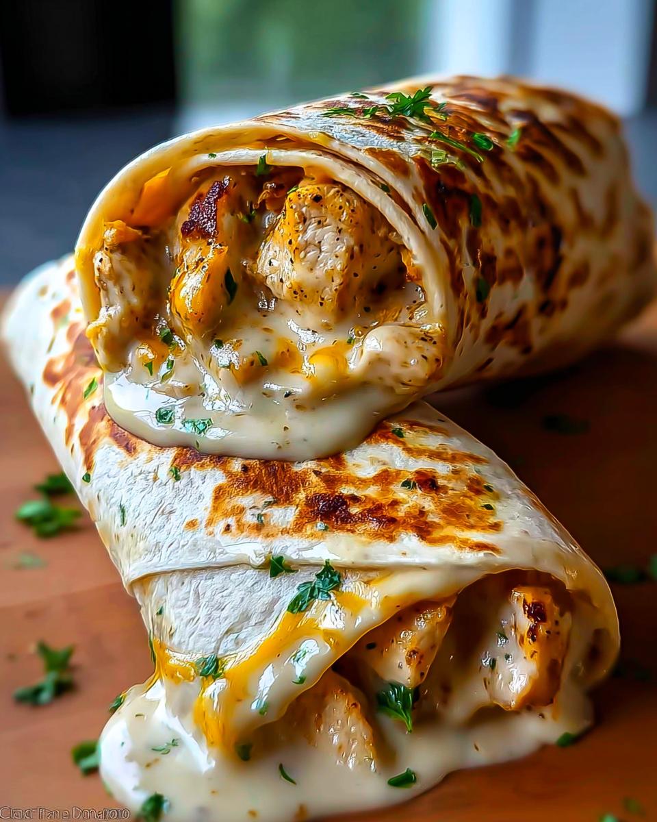 Amazing Cheesy Chicken Garlic Wraps Recipe 5 Close-up of two Cheesy Chicken Garlic Wraps, with melted cheese oozing out and garnished with parsley.