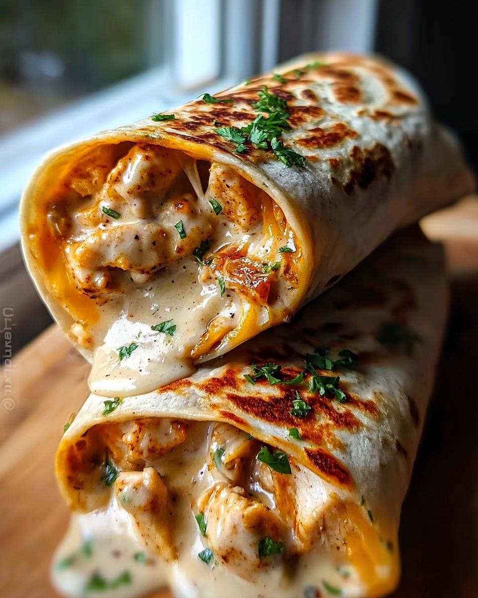 Amazing Cheesy Chicken Garlic Wraps Recipe 4 A close-up view of two Cheesy Chicken Garlic Wraps stacked, showing the creamy filling and melted cheese.