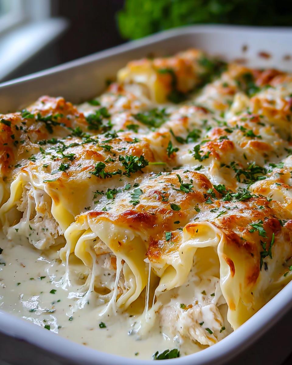 Amazing Chicken Alfredo Lasagna Rolls 10 4 Close-up of baked Chicken Alfredo Lasagna Rolls Recipe in a white baking dish, topped with melted cheese and parsley.