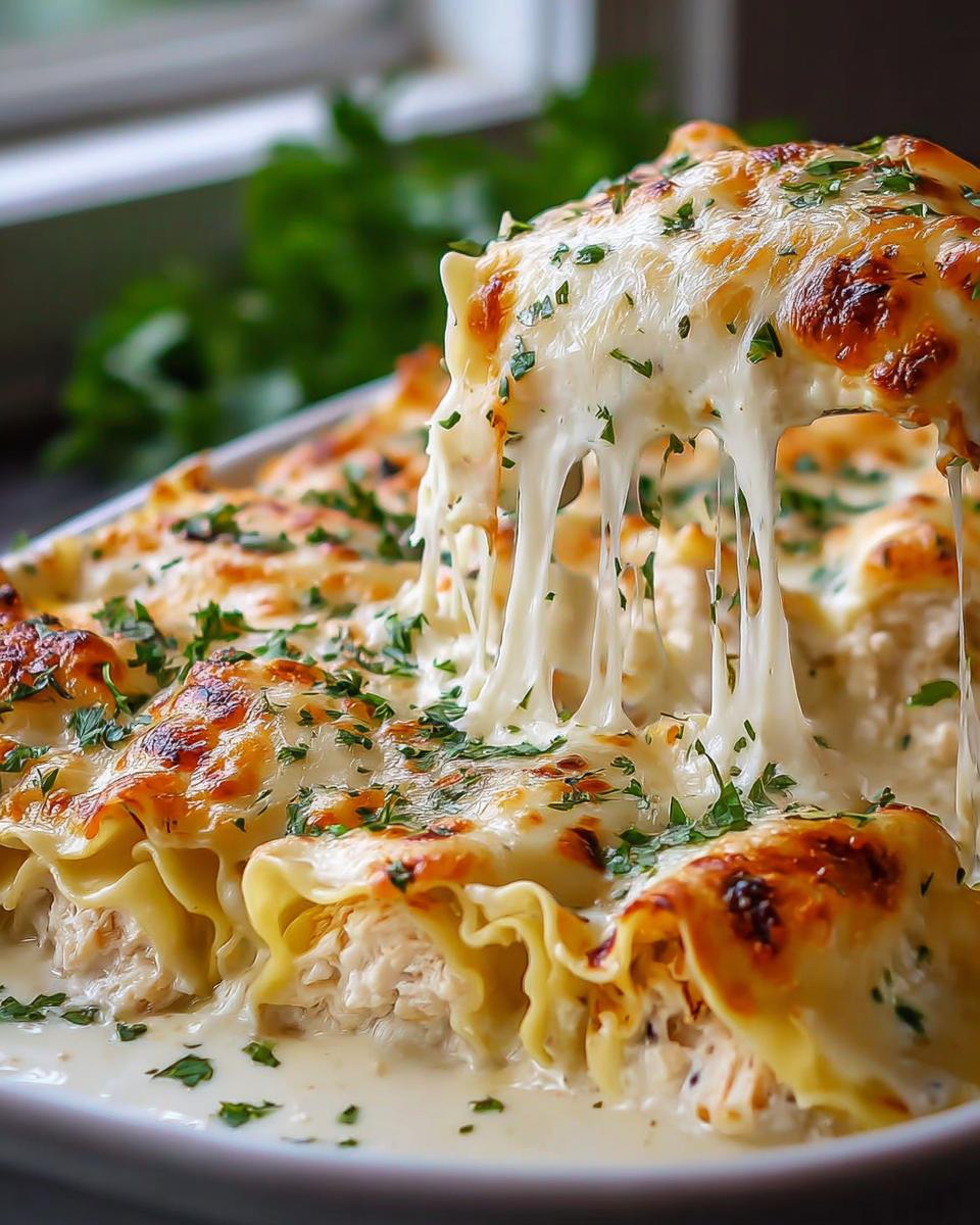 Amazing Chicken Alfredo Lasagna Rolls 10 5 A serving of Chicken Alfredo Lasagna Rolls being lifted, showing gooey melted cheese and creamy alfredo sauce.