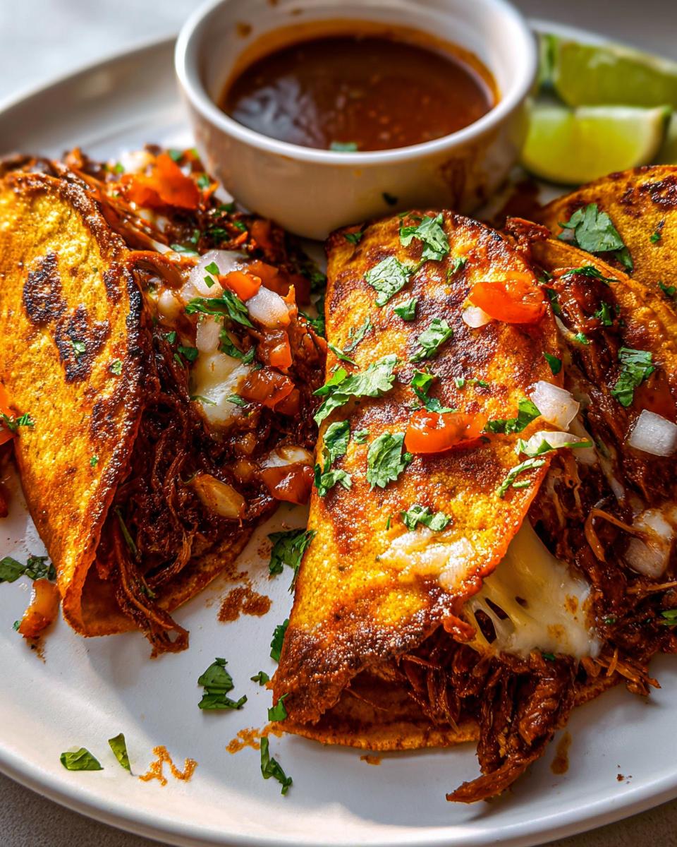 Amazing Chicken Birria Tacos 3 Ways 4 Close-up of three Chicken Birria Tacos filled with shredded chicken and cheese, served with a rich dipping broth and lime wedges.