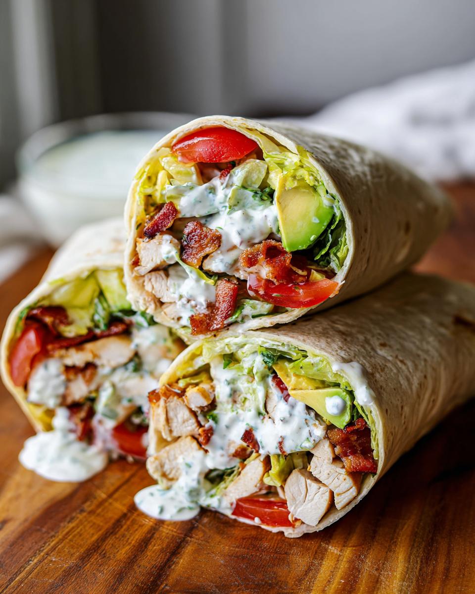 Amazing Chicken BLT Wrap with Creamy Ranch (20 min) 4 Close-up of a delicious Chicken BLT Wrap with Creamy Ranch, showing chicken, bacon, lettuce, tomato, and avocado.