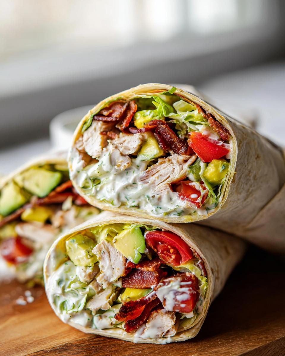Amazing Chicken BLT Wrap with Creamy Ranch (20 min) 5 Close-up of a Chicken BLT Wrap with Creamy Ranch, sliced in half to show chicken, bacon, avocado, tomato, and lettuce.