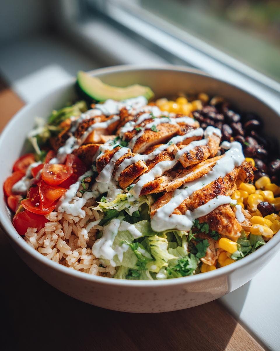 Amazing Chicken Burrito Bowl Meal Prep: 42g Protein 4 A vibrant Chicken Burrito Bowl Meal Prep featuring sliced grilled chicken, rice, black beans, corn, tomatoes, lettuce, avocado, and a creamy dressing.