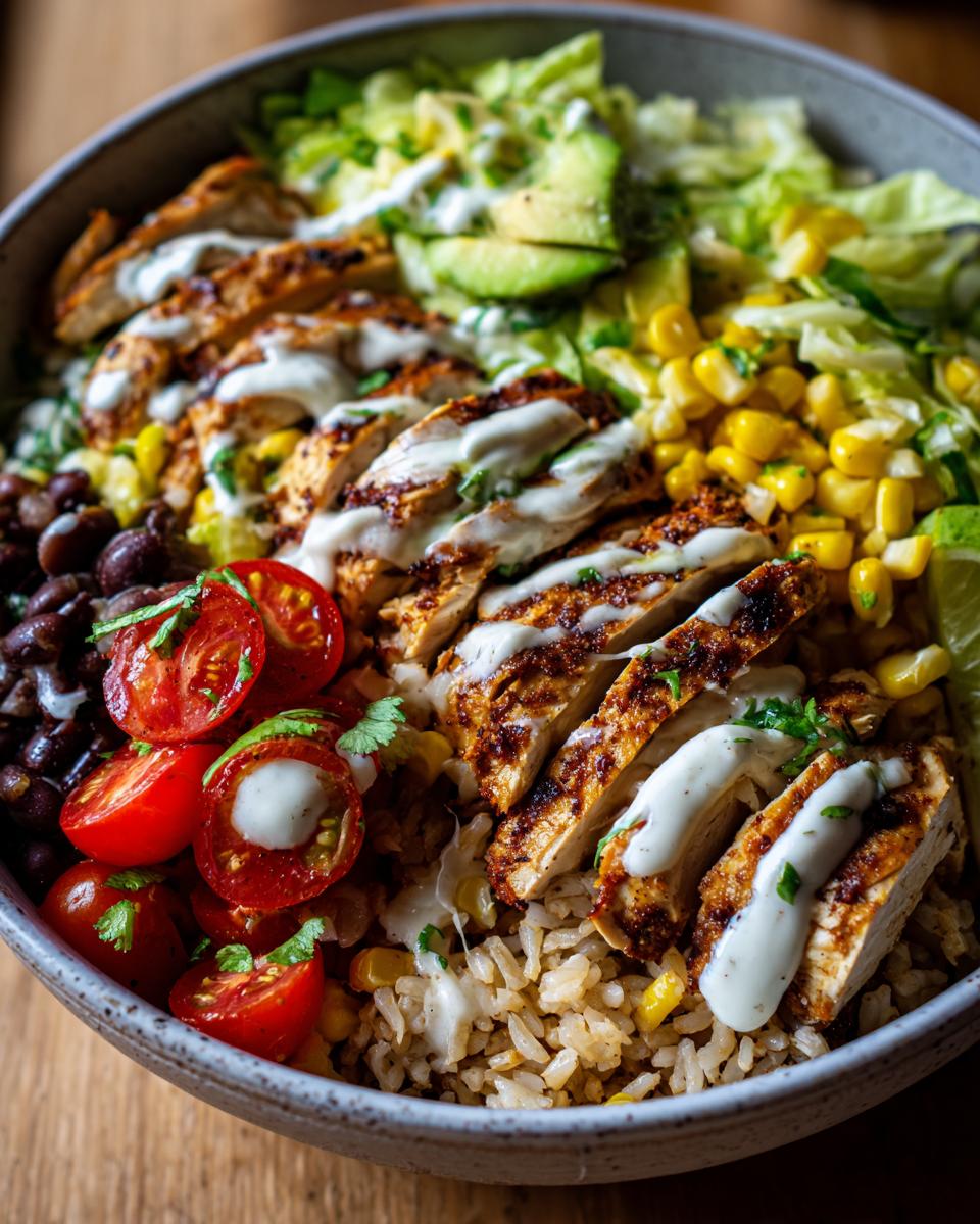 Amazing Chicken Burrito Bowl Meal Prep: 42g Protein 5 A vibrant Chicken Burrito Bowl Meal Prep featuring sliced grilled chicken, black beans, cherry tomatoes, corn, avocado, and lettuce, drizzled with sauce.