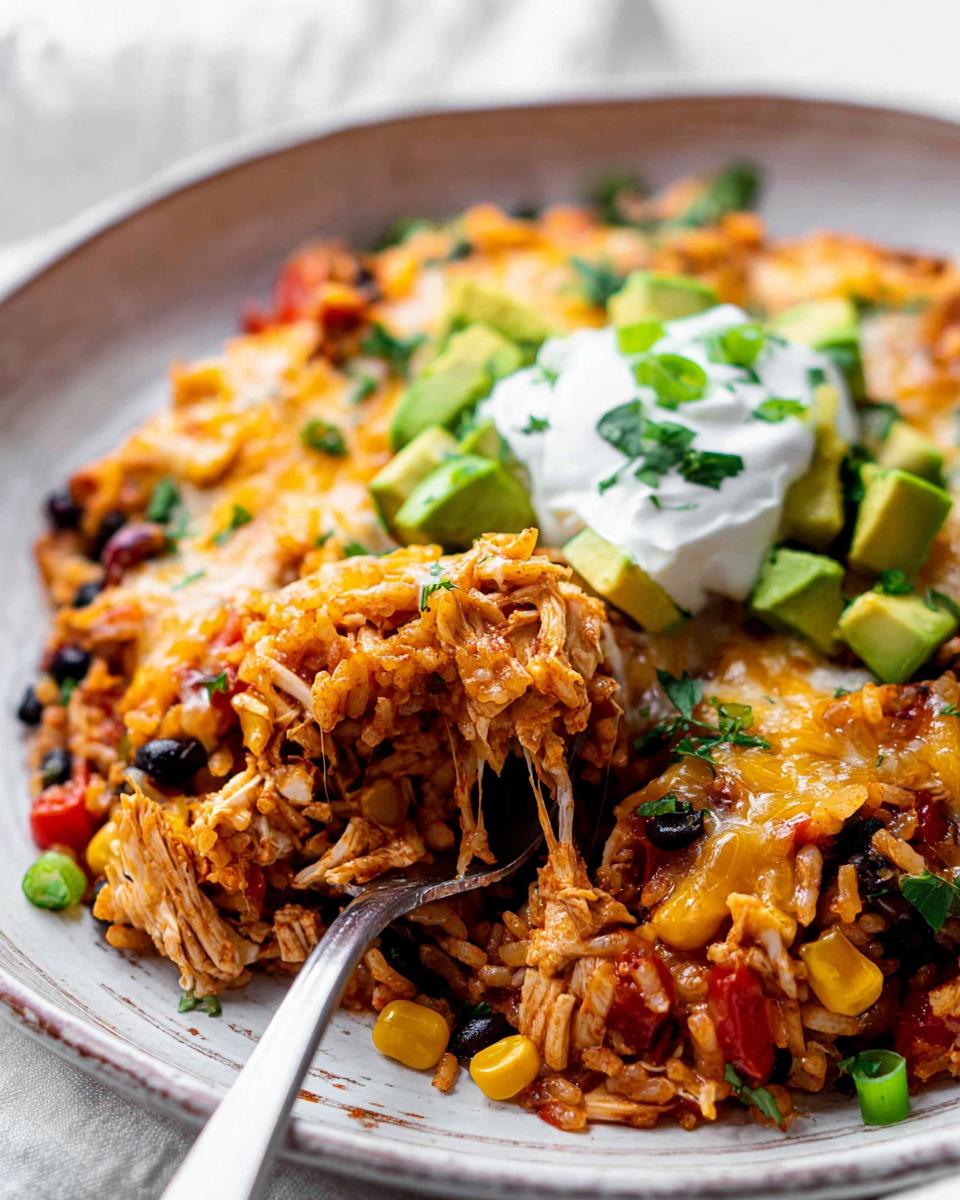 Amazing Chicken Burrito Casserole: Easy Family Dinner 4 A fork pulling a cheesy bite from an Easy Chicken Burrito Casserole, topped with sour cream, avocado, and cilantro.